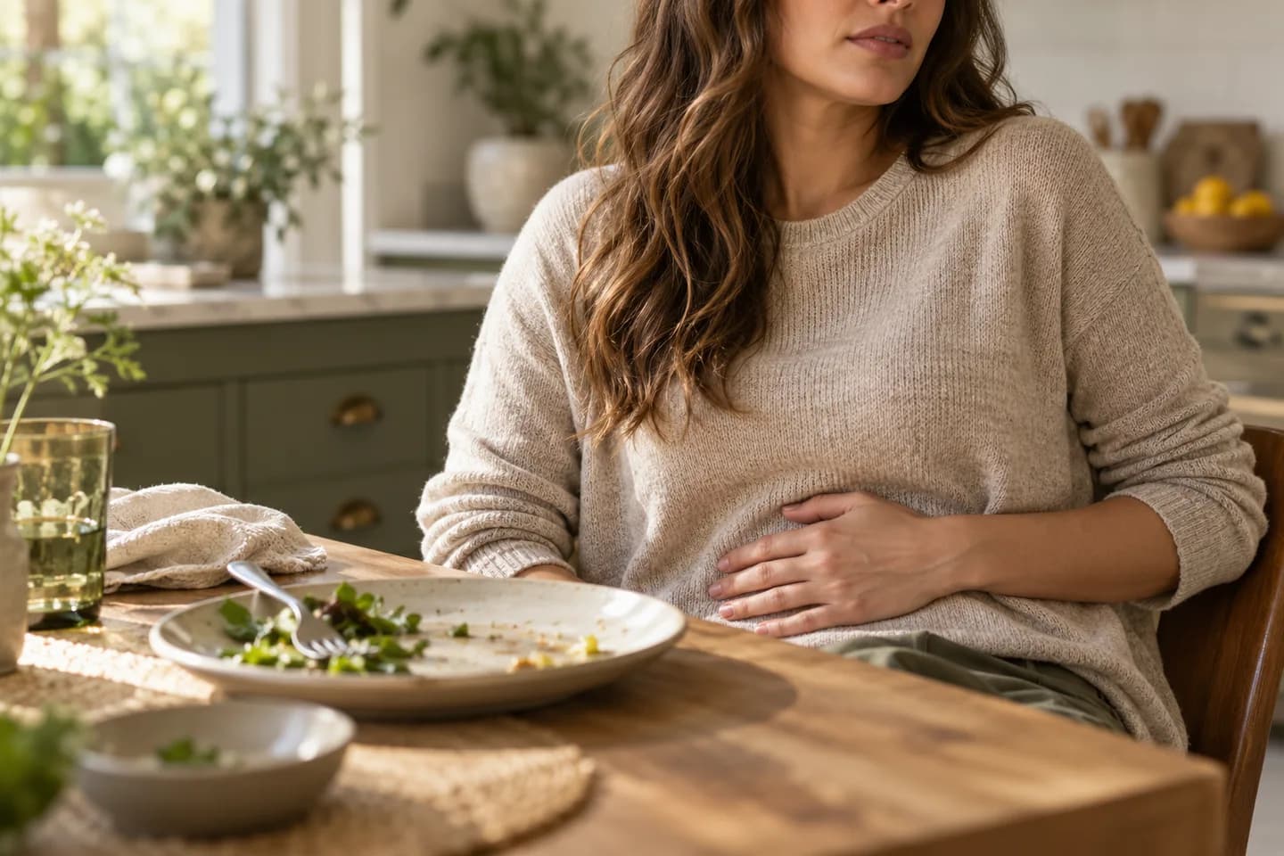 Woman resting a hand on her abdomen after a meal