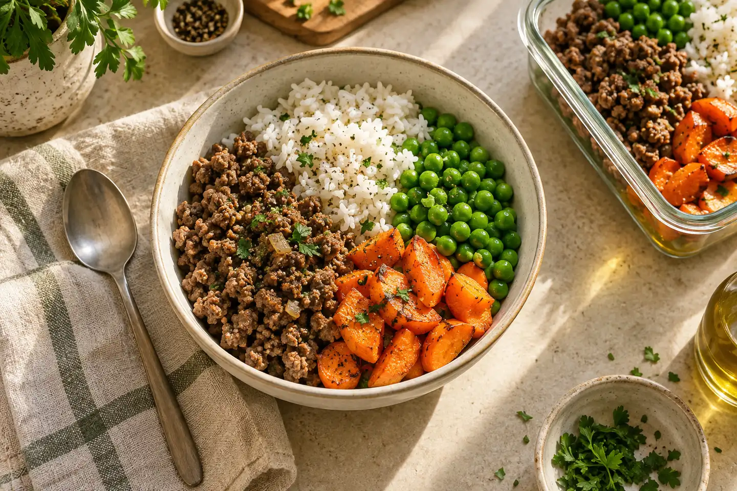 Simple meal-prep bowl with minced beef, rice, peas and carrots