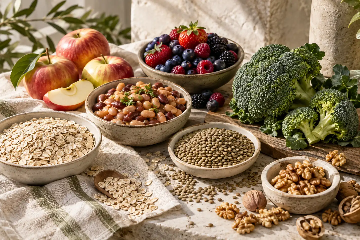 Oats, beans, lentils, broccoli, berries, apples and walnuts for dietary variety