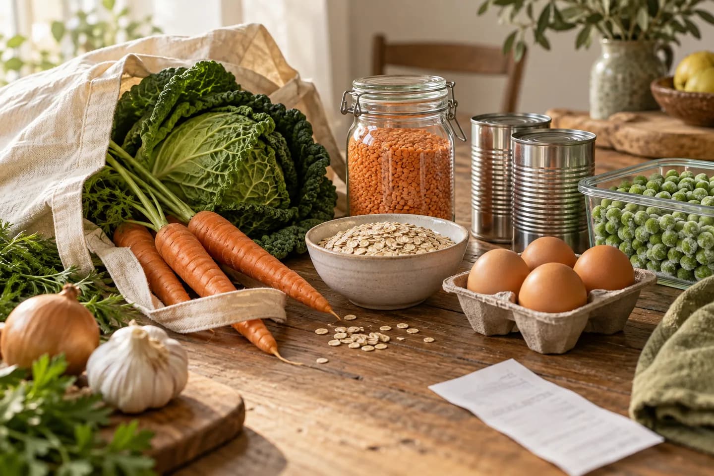 Affordable groceries including lentils, oats, eggs, cabbage, carrots and frozen peas
