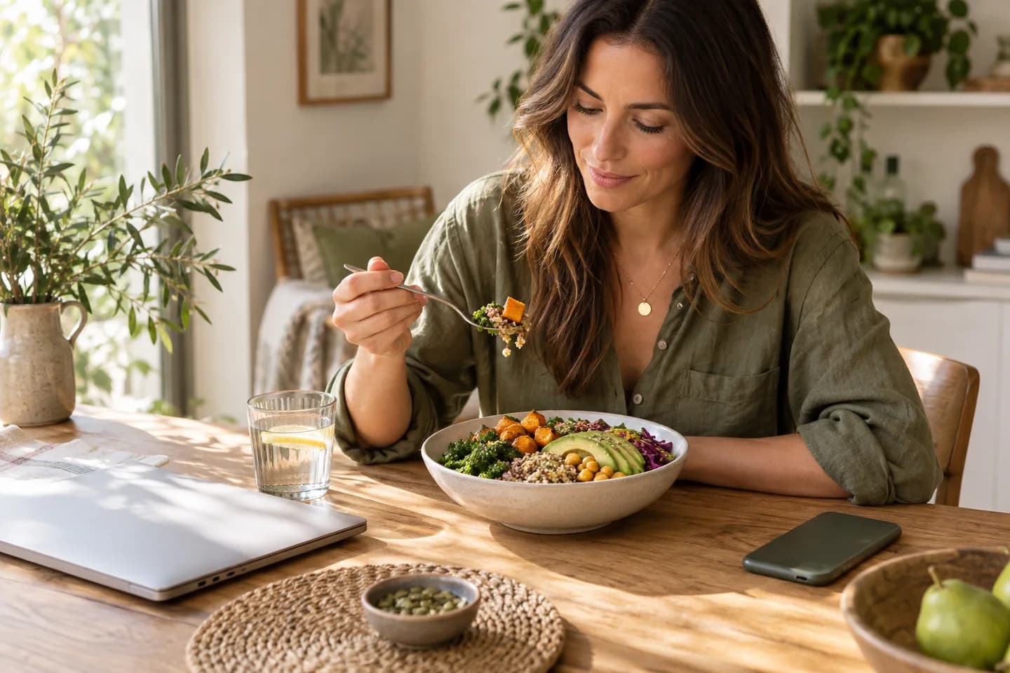 Woman taking a calm lunch break with her laptop closed and phone face down