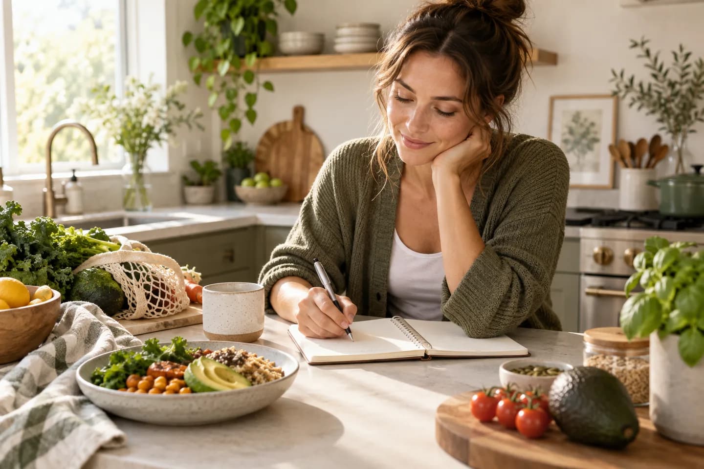 Woman planning simple meals in a notebook beside groceries and lunch