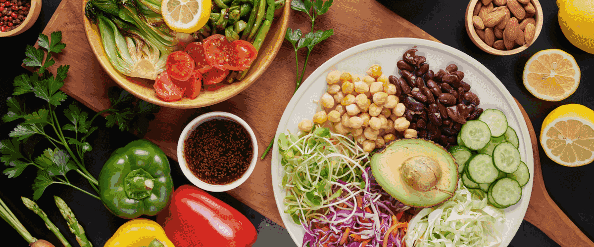 Colourful balanced meal with fresh vegetables