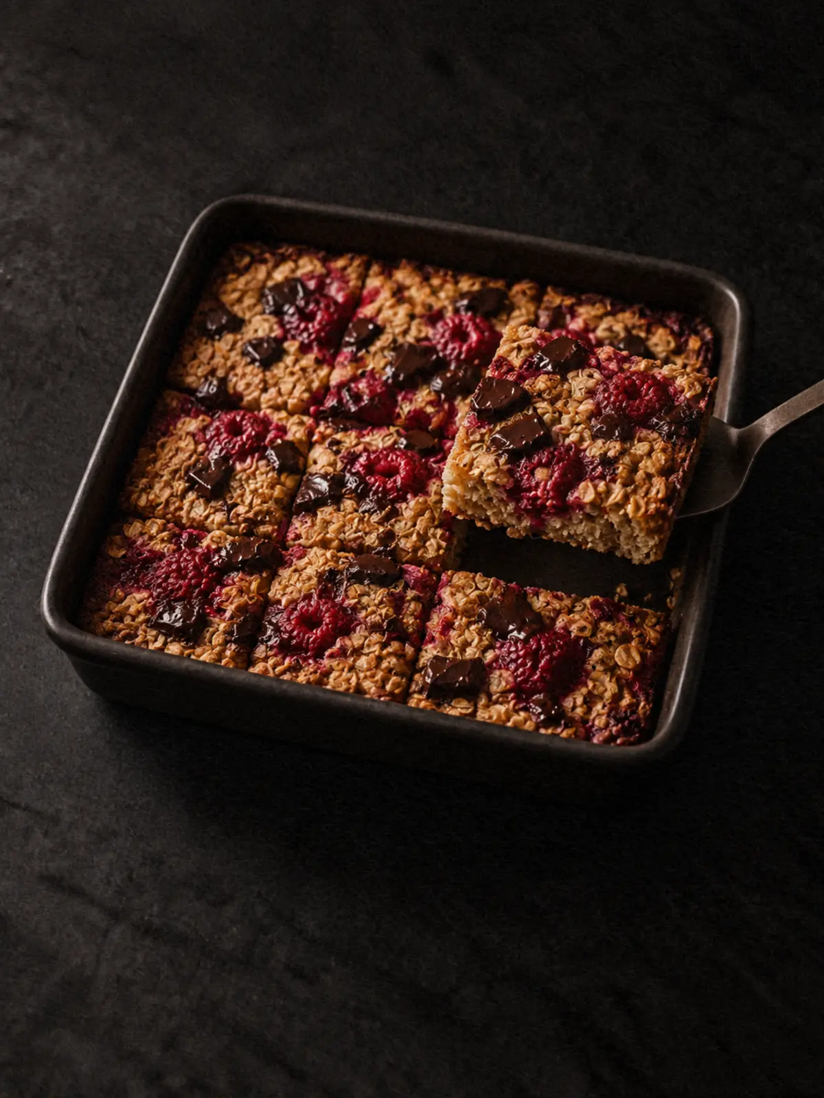 Tray-Baked Oats with Raspberries & Dark Chocolate
