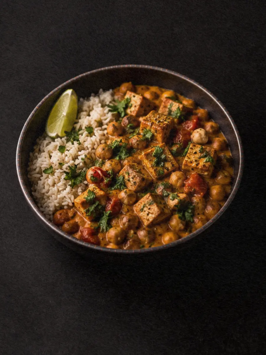 Flavorful Tofu & Chickpea Curry with Rice