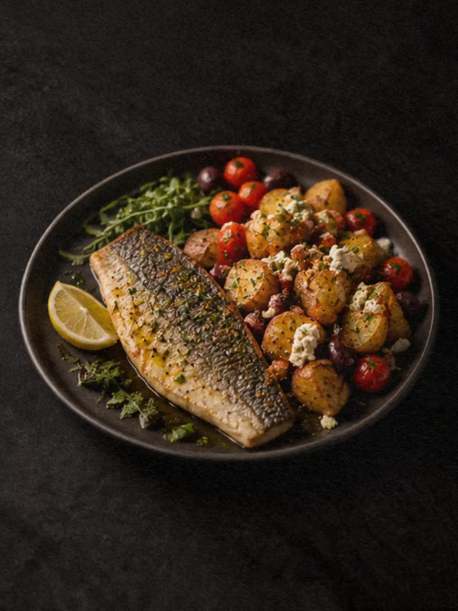 Mediterranean-Inspired Sea Bass with Roasted Garlic & Feta Potatoes