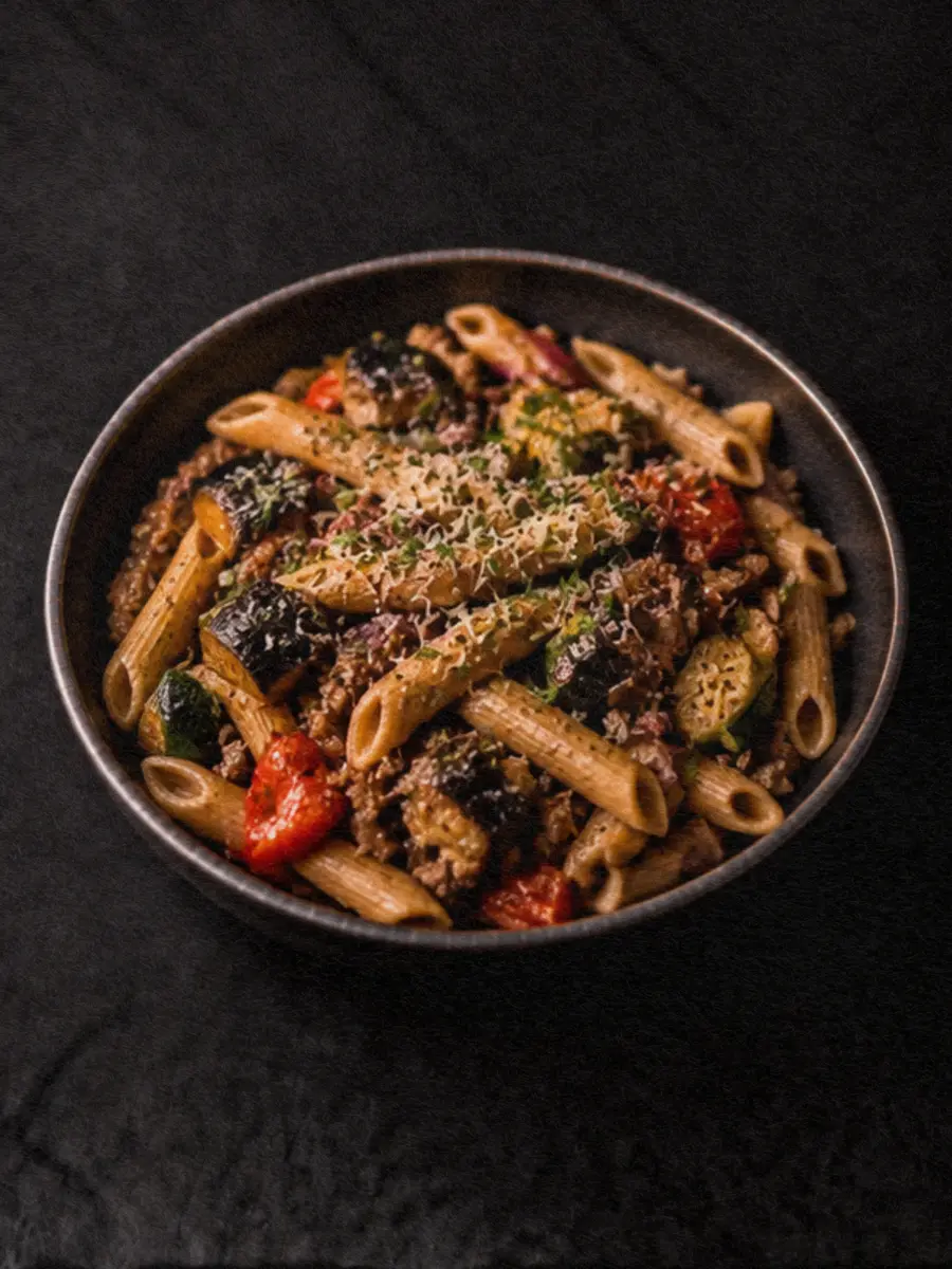 Penne with Beef & Roasted Mediterranean Veggies