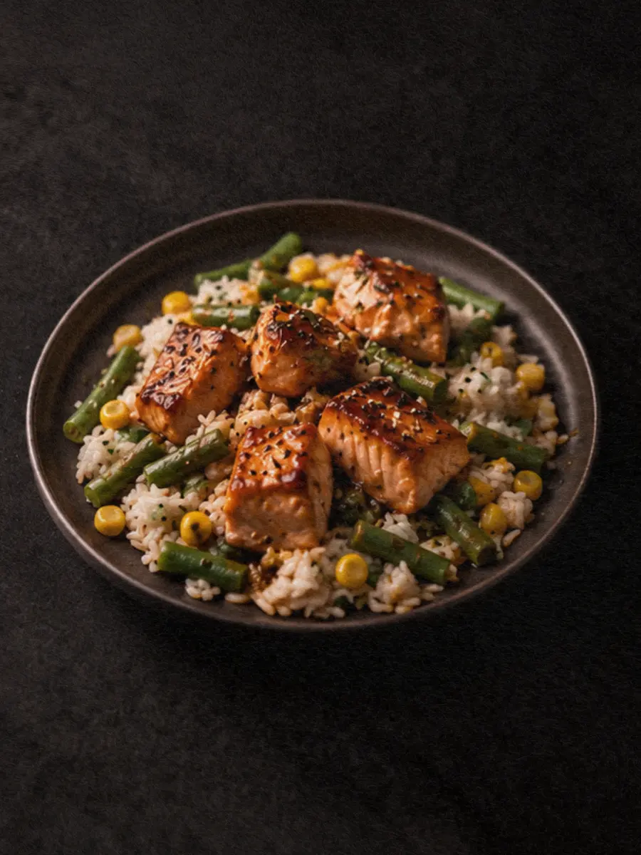 Zesty Salmon Teriyaki with Green Bean & Sweetcorn Rice