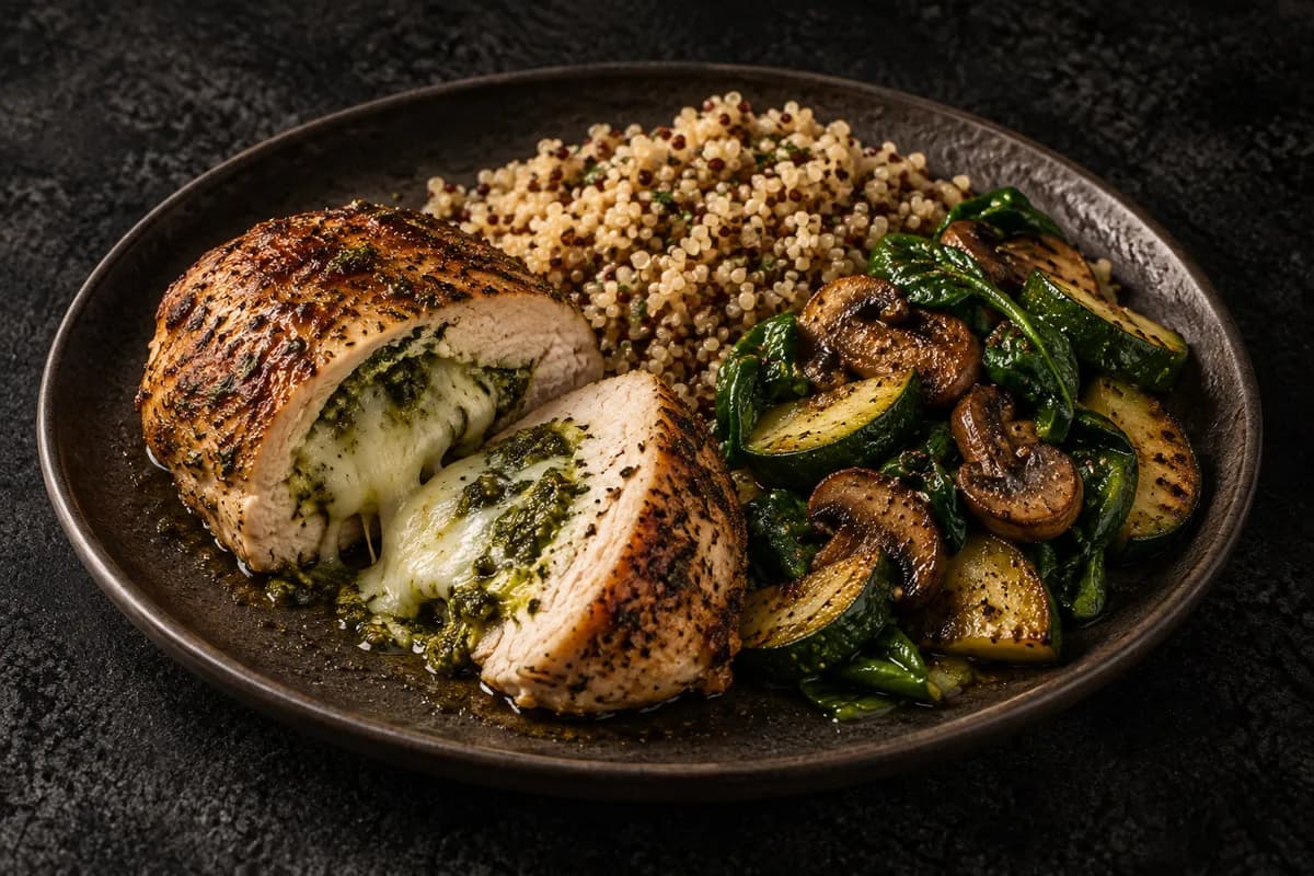 Pesto & Mozzarella Stuffed Chicken with Quinoa & Veggie Stir-fry