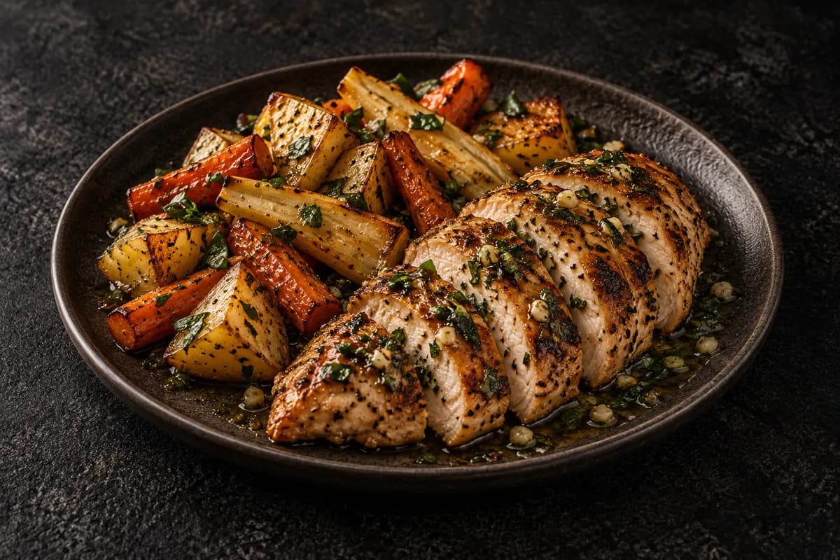 Roasted Chicken & Veggies with Garlic Herb Vinaigrette