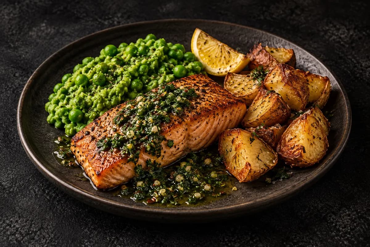 Salmon with Mashed Peas and Roasted Potatoes