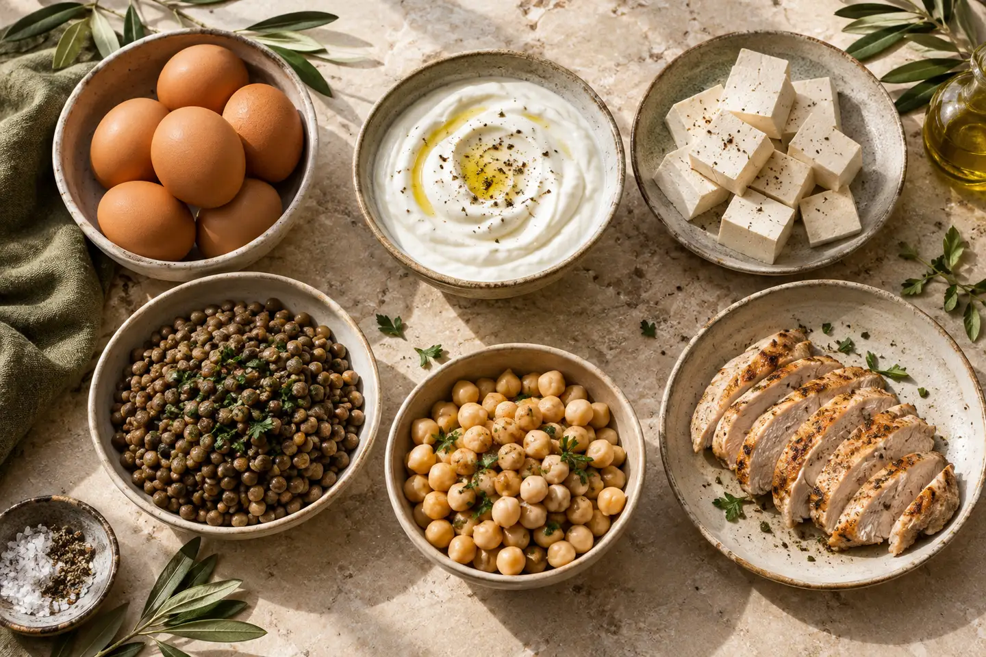 Eggs, Greek yoghurt, tofu, lentils, chickpeas and chicken arranged as everyday protein sources