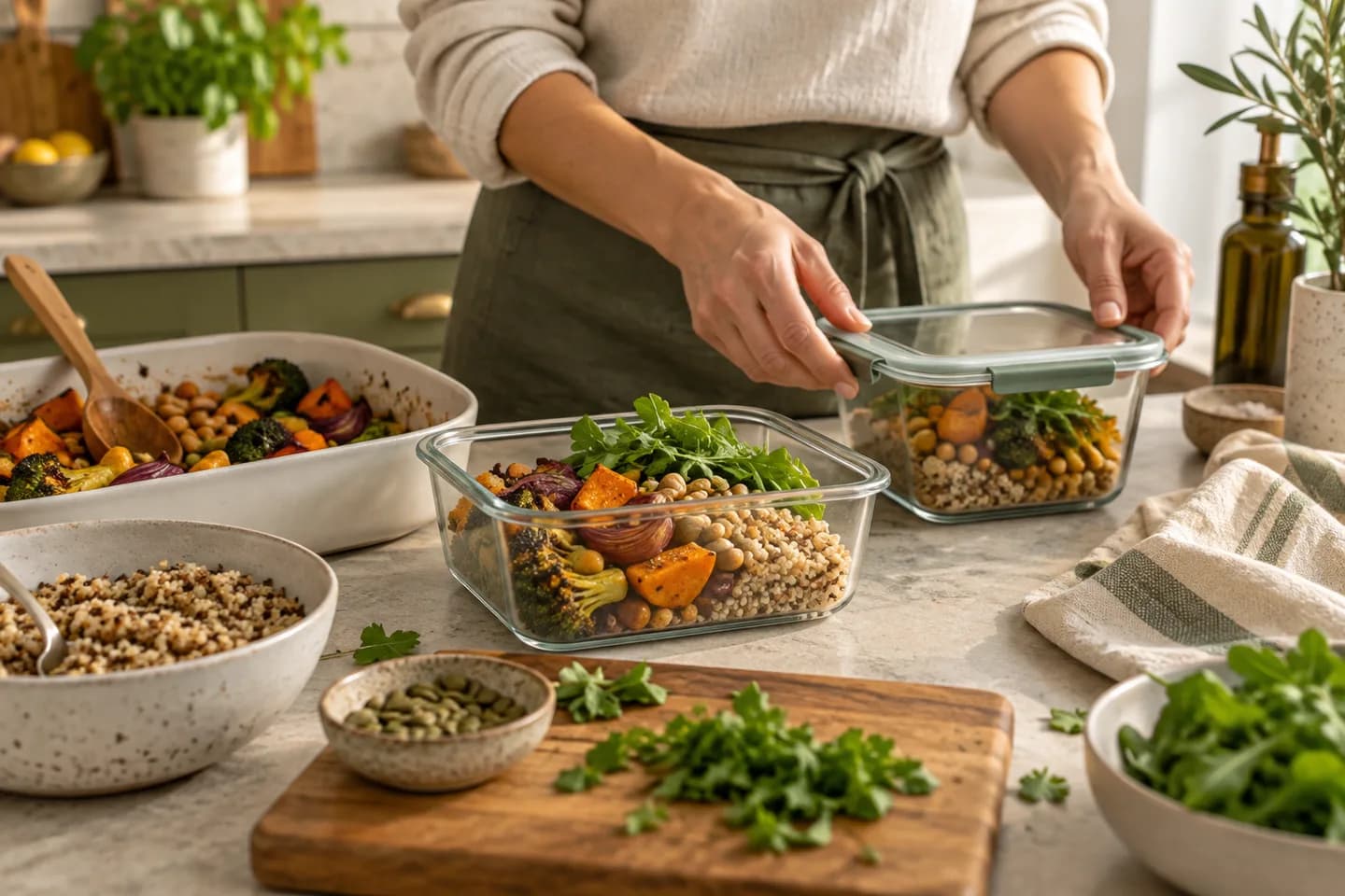 Hands packing roasted vegetables and grains into glass meal-prep containers
