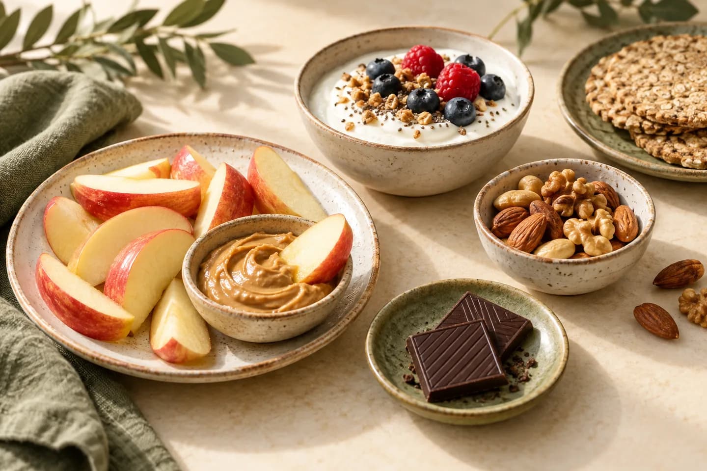 Apple with peanut butter, yoghurt, nuts, oatcakes and chocolate as varied snack options