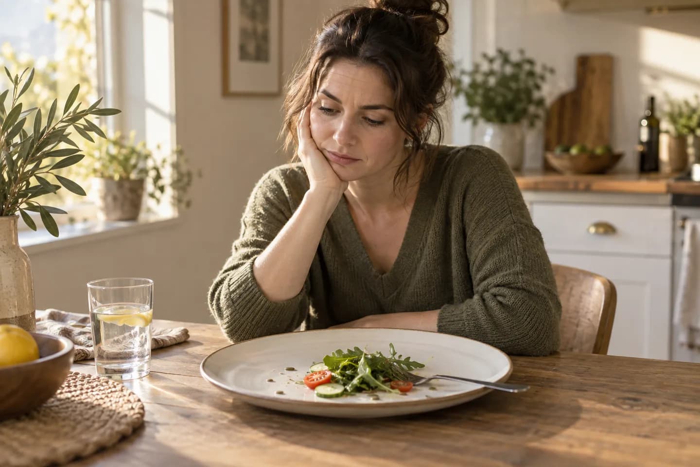 Woman looking unsatisfied at a small salad at her kitchen table