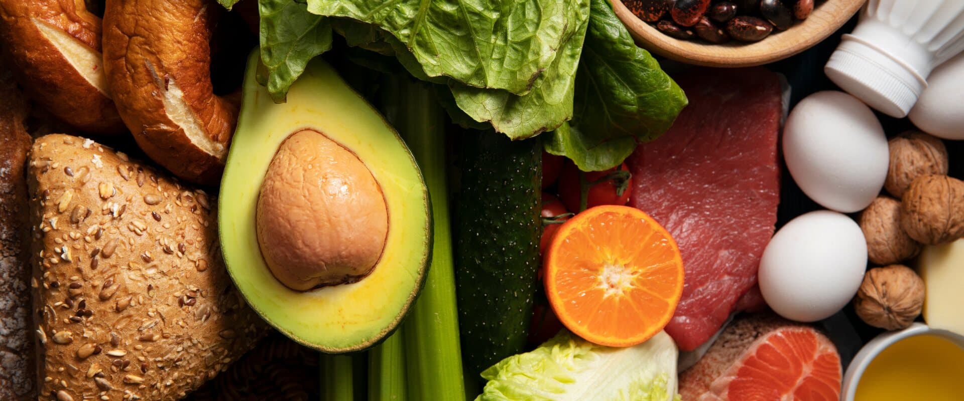 Fresh whole foods arranged for a balanced meal