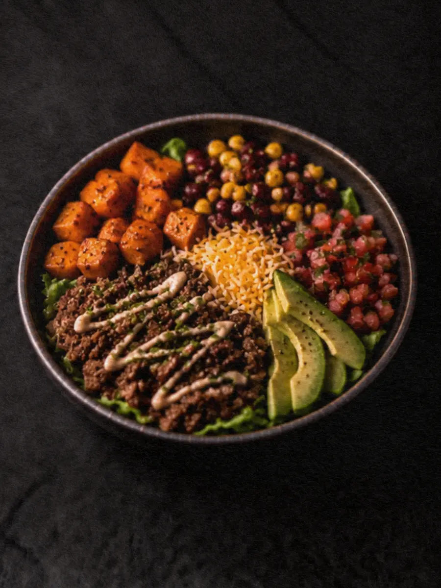 Beef, rice and vegetables arranged in a meal-prep bowl